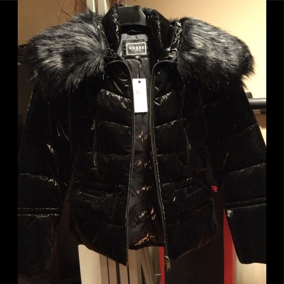 Guess Shiny Puffer Jacket Fur Collar Black S - Picture 12 of 14